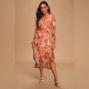 Lulus Wrapped Up in You Coral Pink Floral Print Two-Piece Midi Dress